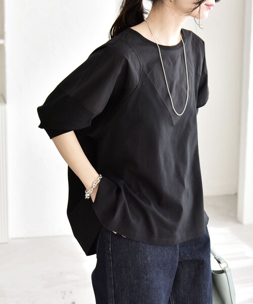 quaranciel(カランシエル)の「quaranciel:〈接触冷感/汗染み防止加工/洗濯機可能〉ドッキング Aライン カットソー(Tシャツ/カットソー・レディース・ホワイト/ブラック・ONE SIZE)」の18枚目の写真
