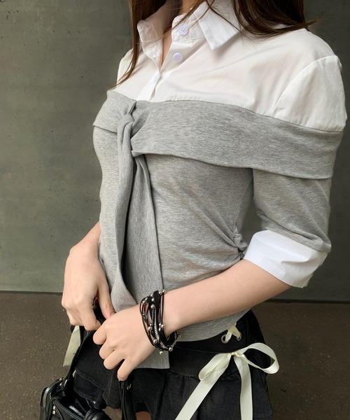 VEILA(ヴェイラ)の「シャツドッキングオフショルニット(Tシャツ/カットソー・レディース・グレー/ブラック・フリー)」の7枚目の写真