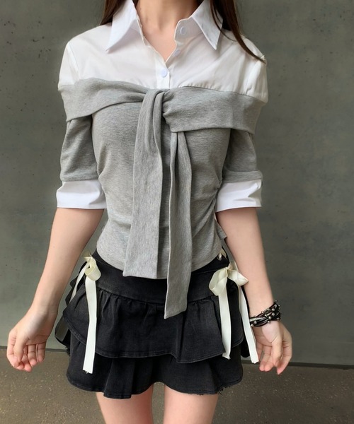 VEILA(ヴェイラ)の「シャツドッキングオフショルニット(Tシャツ/カットソー・レディース・グレー/ブラック・フリー)」の9枚目の写真
