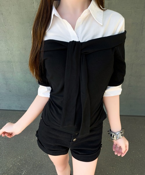 VEILA(ヴェイラ)の「シャツドッキングオフショルニット(Tシャツ/カットソー・レディース・グレー/ブラック・フリー)」の16枚目の写真