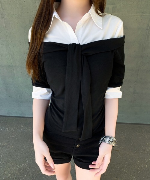 VEILA(ヴェイラ)の「シャツドッキングオフショルニット(Tシャツ/カットソー・レディース・グレー/ブラック・フリー)」の17枚目の写真