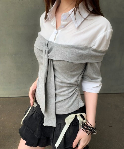 VEILA(ヴェイラ)の「シャツドッキングオフショルニット(Tシャツ/カットソー・レディース・グレー/ブラック・フリー)」の11枚目の写真