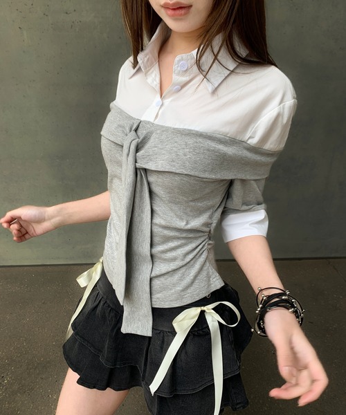 VEILA(ヴェイラ)の「シャツドッキングオフショルニット(Tシャツ/カットソー・レディース・グレー/ブラック・フリー)」の12枚目の写真