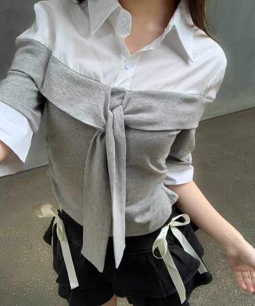 VEILA(ヴェイラ)の「シャツドッキングオフショルニット(Tシャツ/カットソー・レディース・グレー/ブラック・フリー)」の6枚目の写真