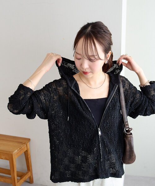 DISCOAT(ディスコート)の「【WEB限定】花柄メッシュZIPフーディー(パーカー・レディース・オフホワイト/ブラック・FREE)」の14枚目の写真