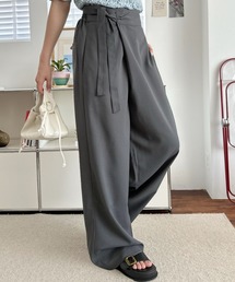 ラップパンツ ワイドパンツ フロントリボン ハイウエスト タック ボトムス きれいめ カジュアル スッキリ見え 夏