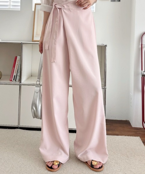 umune(ウムネ)の「ラップパンツ ワイドパンツ フロントリボン ハイウエスト タック ボトムス きれいめ カジュアル スッキリ見え 夏(その他パンツ・レディース・ベビーピンク/チャコールグレー/ベージュ・M/S)」の5枚目の写真