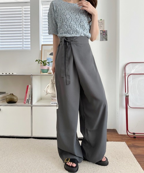 umune(ウムネ)の「ラップパンツ ワイドパンツ フロントリボン ハイウエスト タック ボトムス きれいめ カジュアル スッキリ見え 夏(その他パンツ・レディース・ベビーピンク/チャコールグレー/ベージュ・M/S)」の12枚目の写真