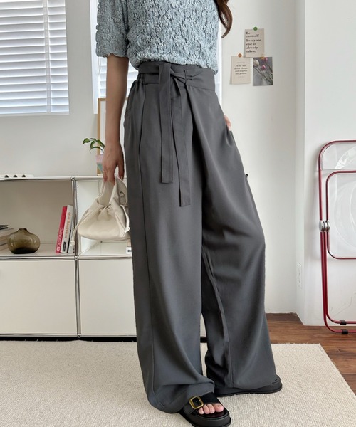 umune(ウムネ)の「ラップパンツ ワイドパンツ フロントリボン ハイウエスト タック ボトムス きれいめ カジュアル スッキリ見え 夏(その他パンツ・レディース・ベビーピンク/チャコールグレー/ベージュ・M/S)」の13枚目の写真
