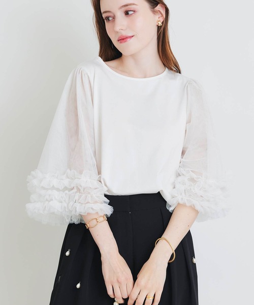 PICCIN PERLA(ピッチンペルラ)の「ギャザーチュールプルオーバー(Tシャツ/カットソー・レディース・オフホワイト/ブラック・M)」の19枚目の写真