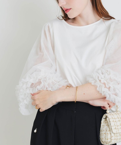 PICCIN PERLA(ピッチンペルラ)の「ギャザーチュールプルオーバー(Tシャツ/カットソー・レディース・オフホワイト/ブラック・M)」の18枚目の写真