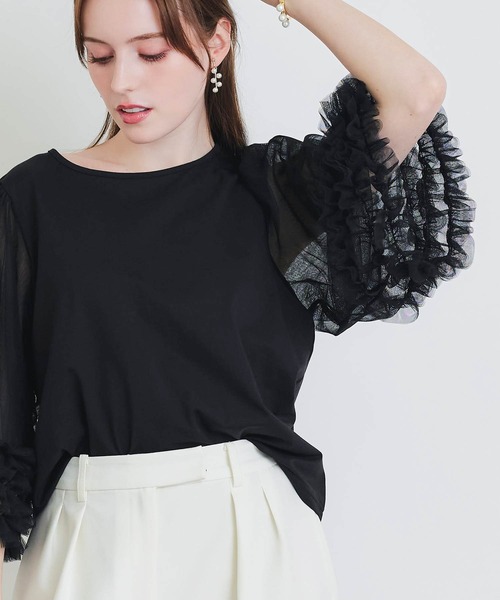 PICCIN PERLA(ピッチンペルラ)の「ギャザーチュールプルオーバー(Tシャツ/カットソー・レディース・オフホワイト/ブラック・M)」の21枚目の写真