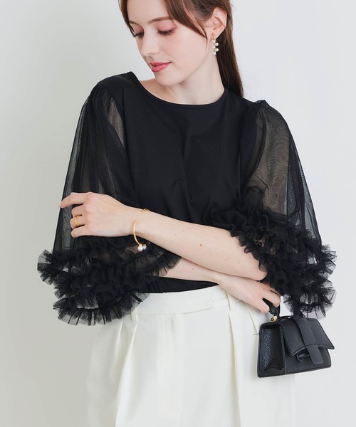PICCIN PERLA(ピッチンペルラ)の「ギャザーチュールプルオーバー(Tシャツ/カットソー・レディース・オフホワイト/ブラック・M)」の12枚目の写真