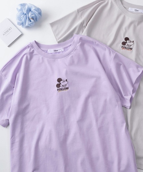 Disney(ディズニー)の「【71】【Disney/ディズニー】ミッキーマウス/ミニーマウス フロント刺繍 クルーネックTシャツ/接触冷感/レディース(Tシャツ/カットソー・レディース・ネイビー/ラベンダー/ピンク/ライトグレー・L/M)」の3枚目の写真