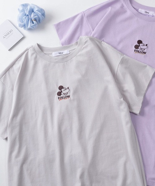 Disney(ディズニー)の「【71】【Disney/ディズニー】ミッキーマウス/ミニーマウス フロント刺繍 クルーネックTシャツ/接触冷感/レディース(Tシャツ/カットソー・レディース・ネイビー/ラベンダー/ピンク/ライトグレー・L/M)」の1枚目の写真