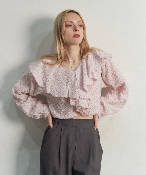 My shawty（ﾏｲｼｬｳﾃｨｰ）の「fringe jaqurd frill top（シャツ/ブラウス・レディース・アイボリー/ピンク/ブラック・FREE）」の3枚目の写真
