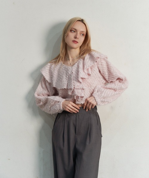 My shawty（ﾏｲｼｬｳﾃｨｰ）の「fringe jaqurd frill top（シャツ/ブラウス・レディース・アイボリー/ピンク/ブラック・FREE）」の6枚目の写真