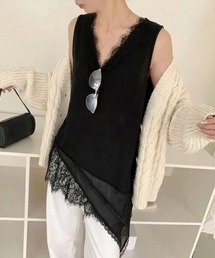 Vネックレースアシメヘムノースリーブチュニック