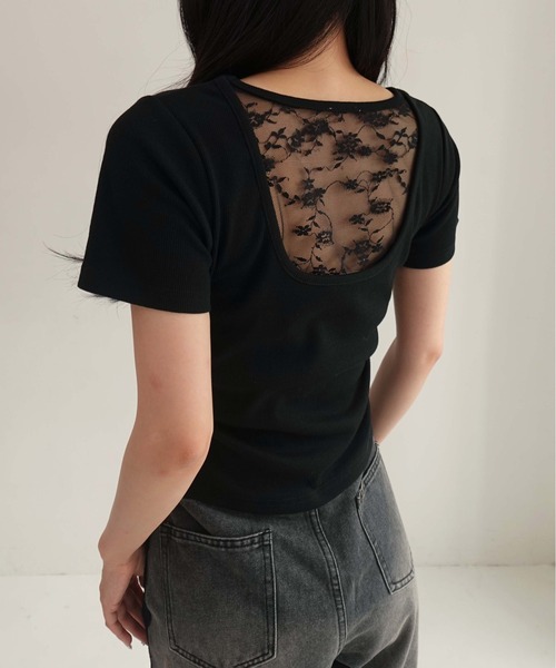 SOELA(ソエラ)の「バックシャンレースTシャツ(Tシャツ/カットソー・レディース・オフホワイト/ブラック・FREE)」の1枚目の写真