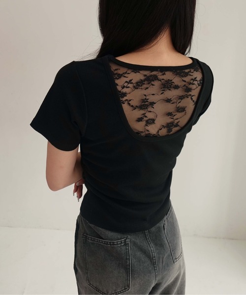 SOELA(ソエラ)の「バックシャンレースTシャツ(Tシャツ/カットソー・レディース・オフホワイト/ブラック・FREE)」の12枚目の写真