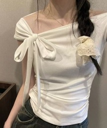 アレンジ可能サイドリボン アシンメトリーネック フレンチスリーブトップス