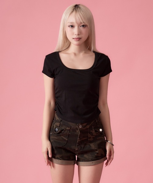 mindseeker girls(マインドシーカーガールズ)の「Side Gathered Cropped T-shirt / サイドギャザークロップドTシャツ(Tシャツ/カットソー・レディース・グレー/ホワイト/ブラック・FREE)」の21枚目の写真