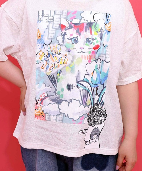 ScoLar(スカラー)の「ScoLar(スカラー) 画家スカラーちゃん ネコ柄Tシャツ(Tシャツ/カットソー・レディース・オフホワイト/ブラック・MEDIUM)」の7枚目の写真