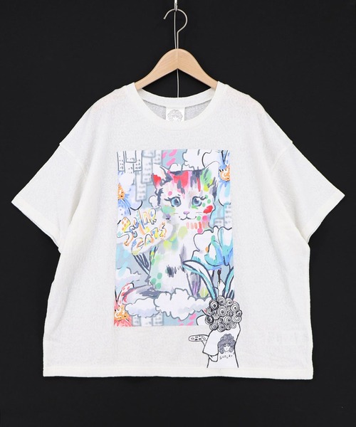 ScoLar(スカラー)の「ScoLar(スカラー) 画家スカラーちゃん ネコ柄Tシャツ(Tシャツ/カットソー・レディース・オフホワイト/ブラック・MEDIUM)」の9枚目の写真