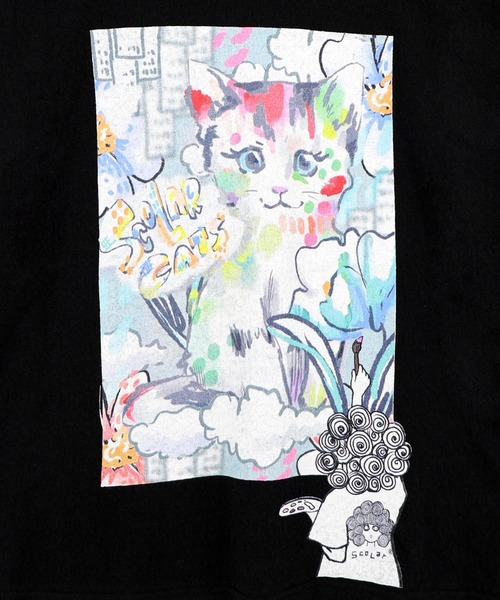 ScoLar(スカラー)の「ScoLar(スカラー) 画家スカラーちゃん ネコ柄Tシャツ(Tシャツ/カットソー・レディース・オフホワイト/ブラック・MEDIUM)」の12枚目の写真