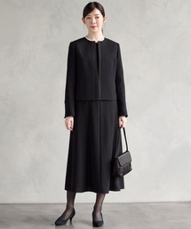AIMER | 【喪服・礼服】マシンウォッシャブル サテン切替ノーカラージャケット・Aラインワンピース 2点セットブラックフォーマルアンサンブル(スーツセット)