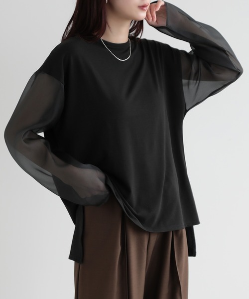 SUNFLOWER EIGHT(サンフラワーエイト)の「シアースリーブロングTシャツ(Tシャツ/カットソー・レディース・ブラック/オフホワイト・M)」の1枚目の写真