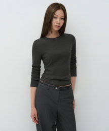 ウィメンズスリムクルーネック長袖Tシャツ[チャコールグレー]