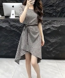 チェック柄アシメヘムミニワンピース