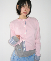 CHECK SHIRT POINTED KNIT CARDIGAN PINK