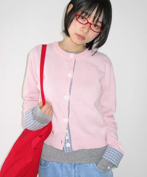 RONRON（ロンロン）の「CHECK SHIRT POINTED KNIT CARDIGAN PINK（カーディガン/ボレロ・レディース・その他・FREE）」の4枚目の写真