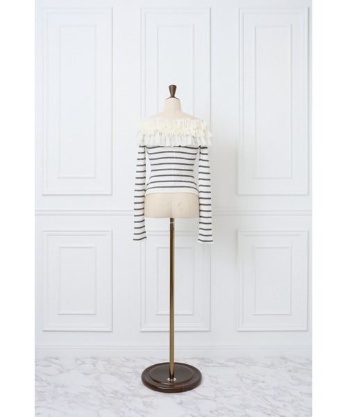 MISTREASS(ミストレアス)の「Frilly Border Off Shoulder Knit Top(ニット/セーター・レディース・ネイビー/グレー/ホワイト・FREE)」の13枚目の写真