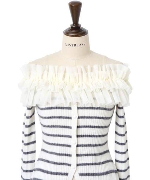 MISTREASS(ミストレアス)の「Frilly Border Off Shoulder Knit Top(ニット/セーター・レディース・ネイビー/グレー/ホワイト・FREE)」の14枚目の写真