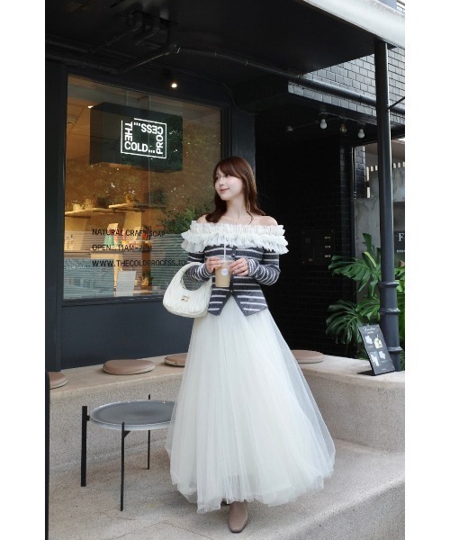 MISTREASS(ミストレアス)の「Frilly Border Off Shoulder Knit Top(ニット/セーター・レディース・ネイビー/グレー/ホワイト・FREE)」の22枚目の写真