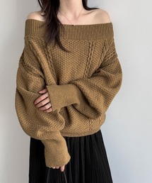 26AW/オフショルダーケーブル編みボリュームスリーブニット