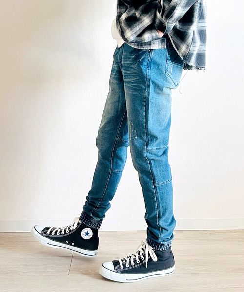 BEATJIVE（ビートジャイブ）の「ストレッチデニム ジョガーパンツ イージー仕様 ウエストゴム テーパードシルエット ヴィンテージ加工 メンズ（デニムパンツ・メンズ・ライトインディゴブルー/ダークインディゴブルー/ワンウォッシュ/ブラック系その他2/ブラック系その他・2/3）」の13枚目の写真