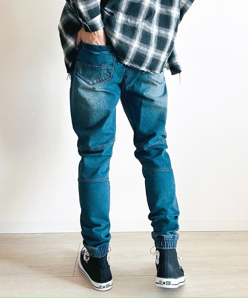 BEATJIVE（ビートジャイブ）の「ストレッチデニム ジョガーパンツ イージー仕様 ウエストゴム テーパードシルエット ヴィンテージ加工 メンズ（デニムパンツ・メンズ・ライトインディゴブルー/ダークインディゴブルー/ワンウォッシュ/ブラック系その他2/ブラック系その他・2/3）」の12枚目の写真