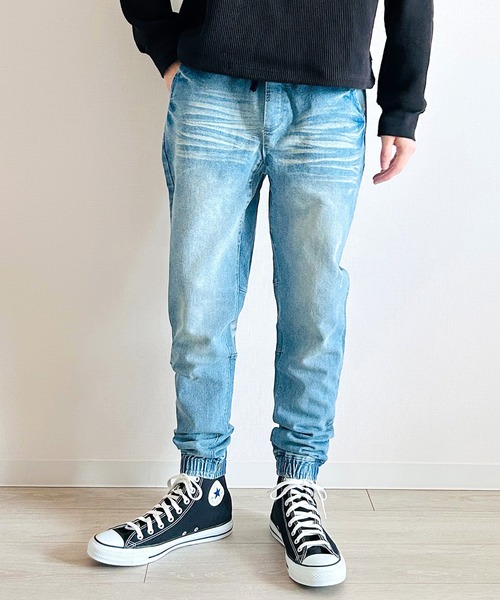 BEATJIVE（ビートジャイブ）の「ストレッチデニム ジョガーパンツ イージー仕様 ウエストゴム テーパードシルエット ヴィンテージ加工 メンズ（デニムパンツ・メンズ・ライトインディゴブルー/ダークインディゴブルー/ワンウォッシュ/ブラック系その他2/ブラック系その他・2/3）」の10枚目の写真