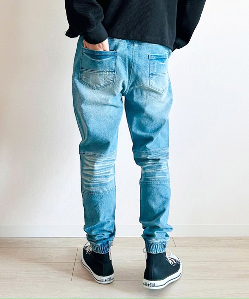 BEATJIVE（ビートジャイブ）の「ストレッチデニム ジョガーパンツ イージー仕様 ウエストゴム テーパードシルエット ヴィンテージ加工 メンズ（デニムパンツ・メンズ・ライトインディゴブルー/ダークインディゴブルー/ワンウォッシュ/ブラック系その他2/ブラック系その他・2/3）」の8枚目の写真