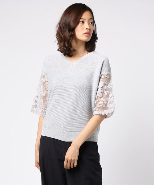 rps（アールピーエス）の「袖３ＤレースＶネックニットプルオーバー（ニット/セーター・レディース・オフホワイト/杢グレー/ネイビー・M）」の8枚目の写真