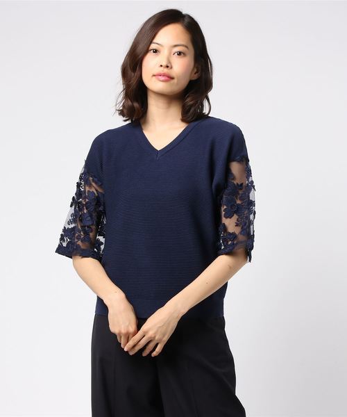 rps（アールピーエス）の「袖３ＤレースＶネックニットプルオーバー（ニット/セーター・レディース・オフホワイト/杢グレー/ネイビー・M）」の9枚目の写真