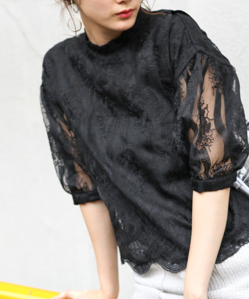 PAGEBOY（ページボーイ）の「レースボリュームスリーブ五分袖（シャツ/ブラウス・レディース・オフホワイト/キナリ/ブラック・FREE）」の3枚目の写真