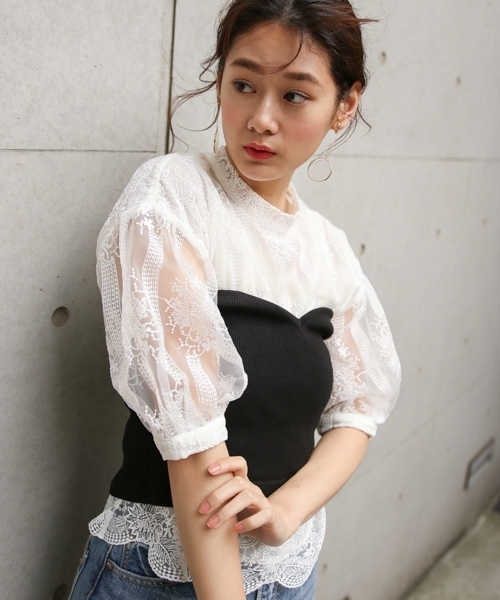 PAGEBOY（ページボーイ）の「レースボリュームスリーブ五分袖（シャツ/ブラウス・レディース・オフホワイト/キナリ/ブラック・FREE）」の6枚目の写真