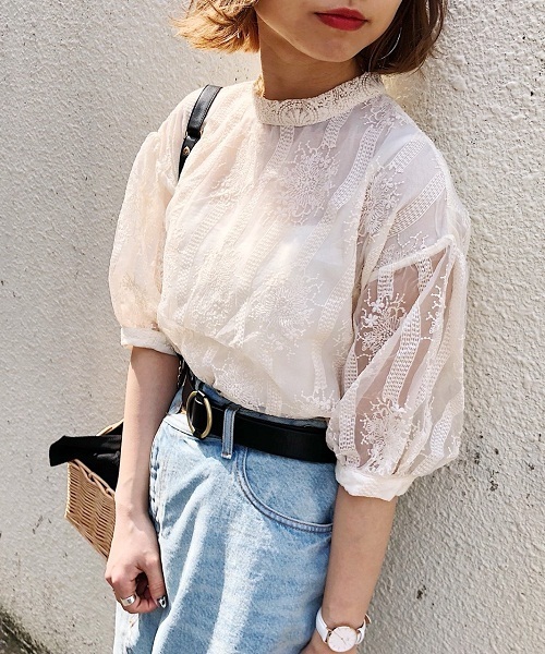 PAGEBOY（ページボーイ）の「レースボリュームスリーブ五分袖（シャツ/ブラウス・レディース・オフホワイト/キナリ/ブラック・FREE）」の7枚目の写真