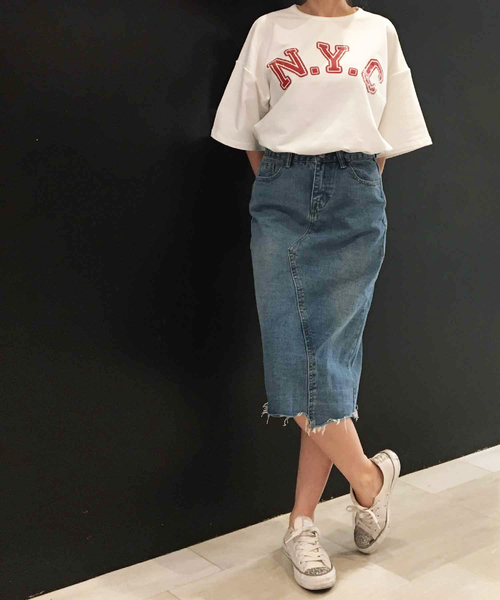 meJane（ミージェーン）の「リメイク風デニムミディ丈スカート（デニムスカート・レディース・ブルー・M/S）」の4枚目の写真