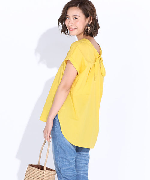 LIPSTAR（リップスター）の「Vネック後ろリボンギンガム＆ドット＆無地ブラウス（シャツ/ブラウス・レディース・ブラック系その他2/オフホワイト/ブラック系その他/ホワイト系その他/イエロー・M）」の5枚目の写真